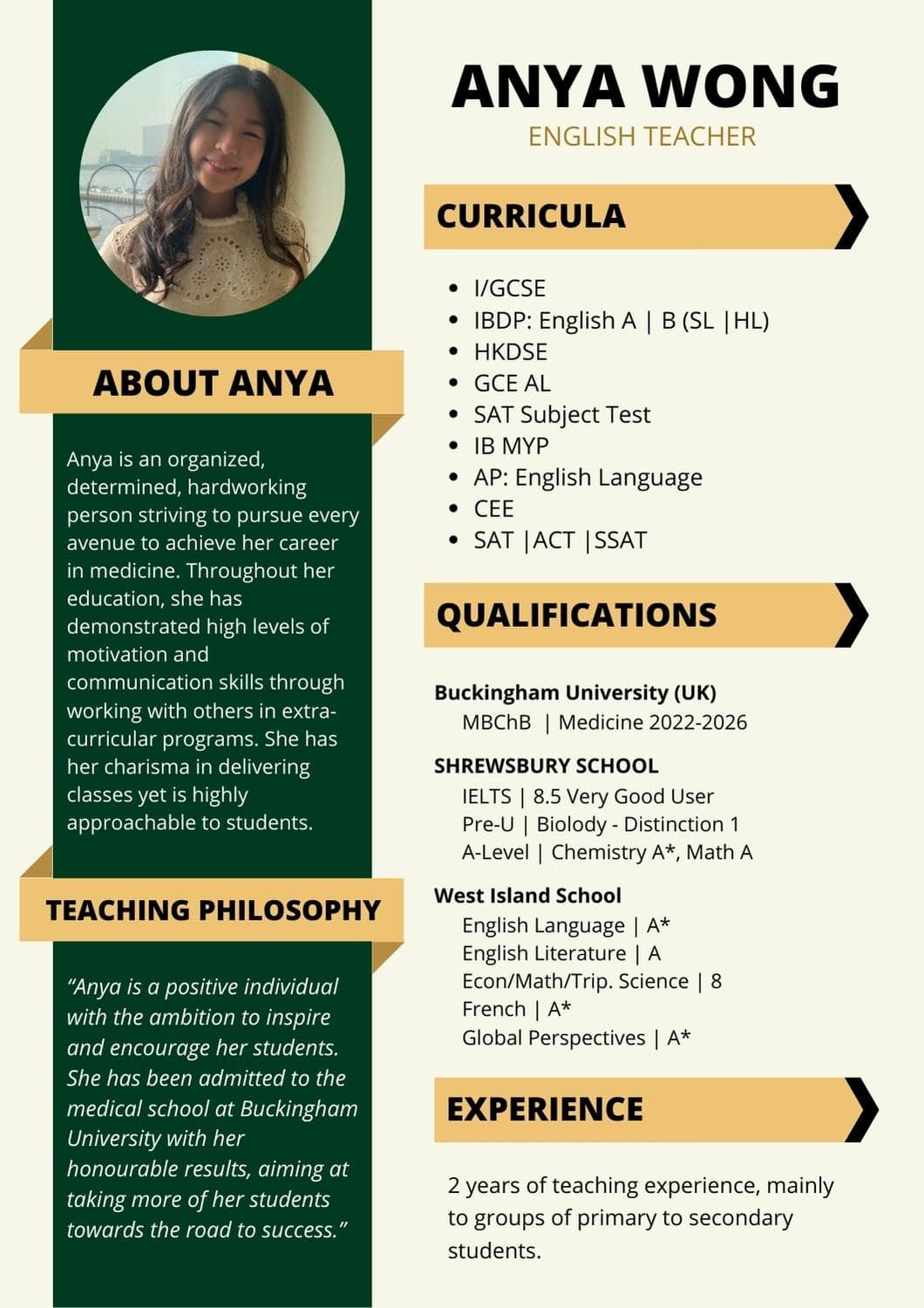 pivot academics english teacher tutor cv resume Anya Wong Buchingham university medicine student