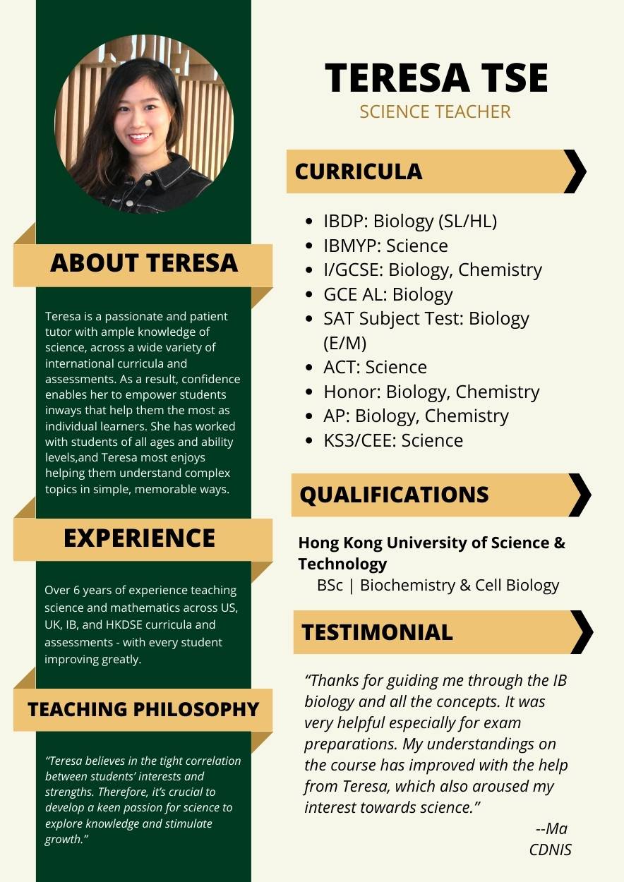 Teresa Tse pivot academics science teacher tutor biology chemistry Hong Kong University of Science & Technology BSc | Biochemistry & Cell Biology